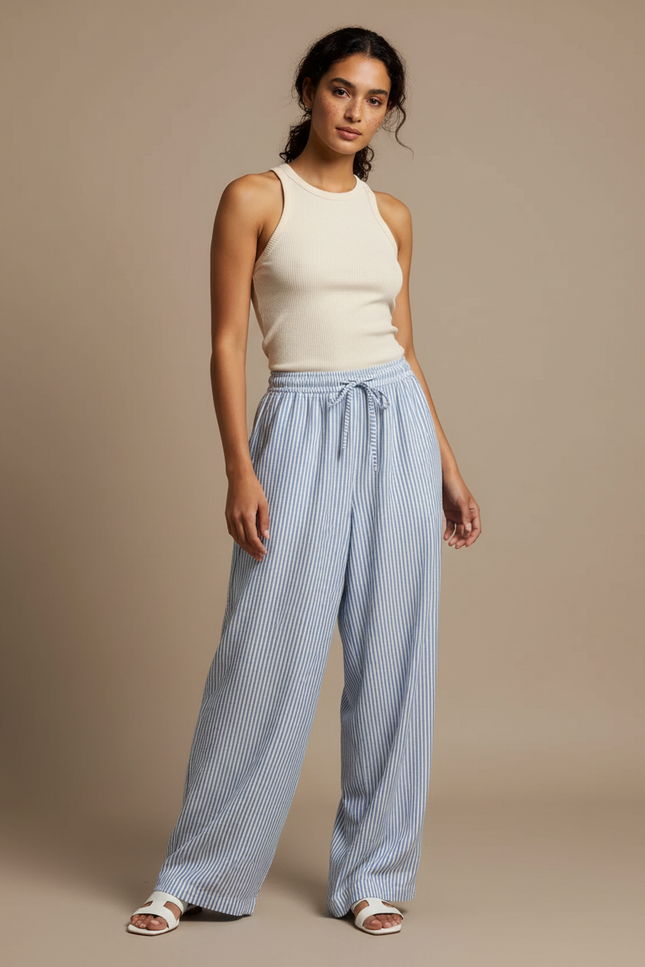 Pantalon Fluide Rayé Bleu Blanc Ample Décontracté - Multicolore Lin