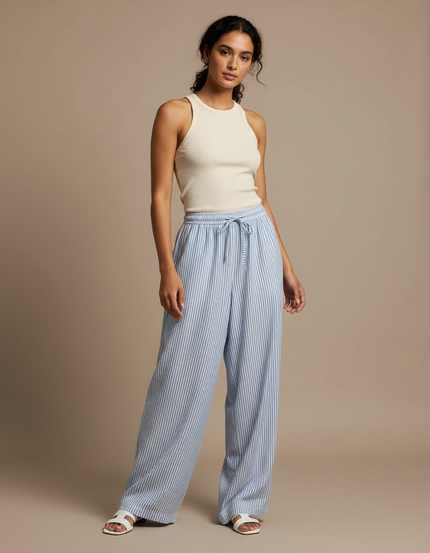 Pantalon Fluide Rayé Bleu Blanc Ample Décontracté - Multicolore Lin