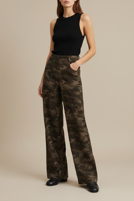 Pantalon Fluide Camouflage Vert Militaire Ample Confortable - Kaki Coton