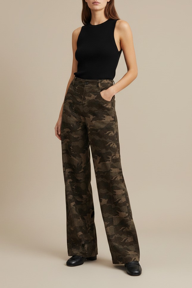 Pantalon Fluide Camouflage Vert Militaire Ample Confortable - Kaki Coton