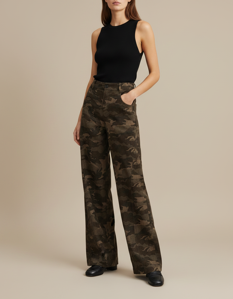 Pantalon Fluide Camouflage Vert Militaire Ample Confortable - Kaki Coton