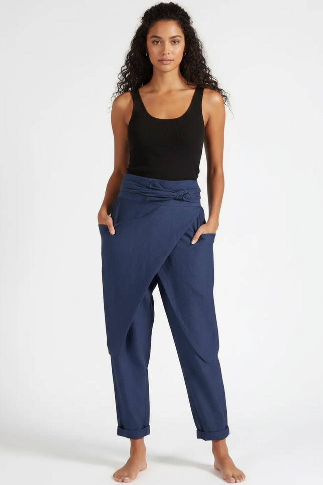 Pantalon Fluide Bleu Marine Irrégulier Ample Décontracté Femme - Lin