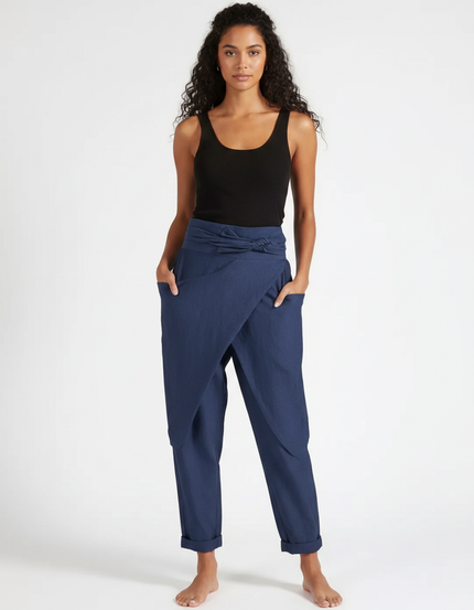 Pantalon Fluide Bleu Marine Irrégulier Ample Décontracté Femme - Lin