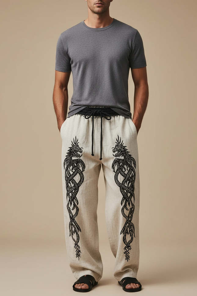 Pantalon Fluide Écru Dragon Viking Cordon Ample Homme - Beige Lin