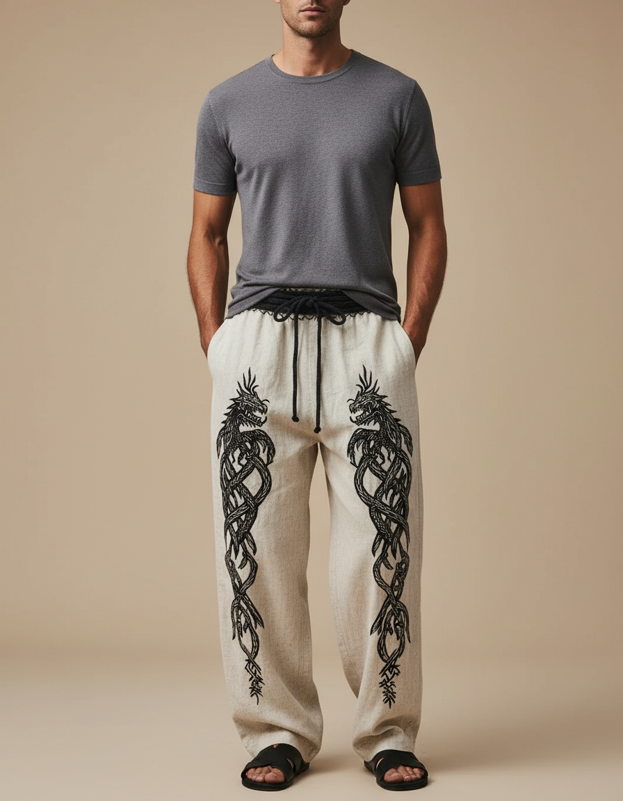 Pantalon Fluide Écru Dragon Viking Cordon Ample Homme - Beige Lin