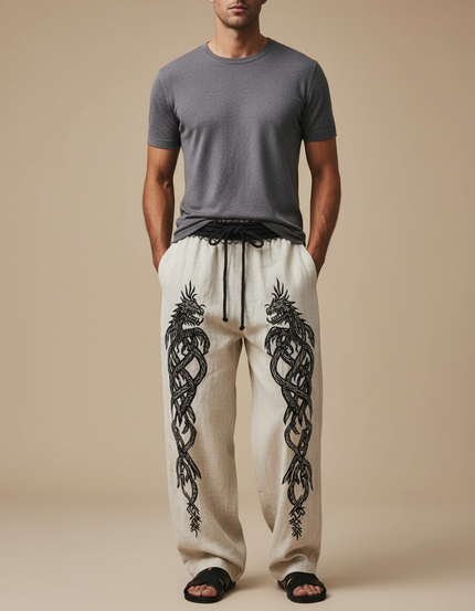 Pantalon Fluide Écru Dragon Viking Cordon Ample Homme - Beige Lin