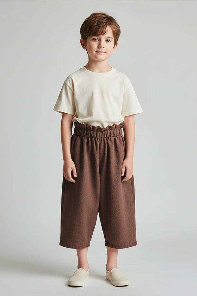 Pantalon Fluide Marron Coton Ample Décontracté Enfant