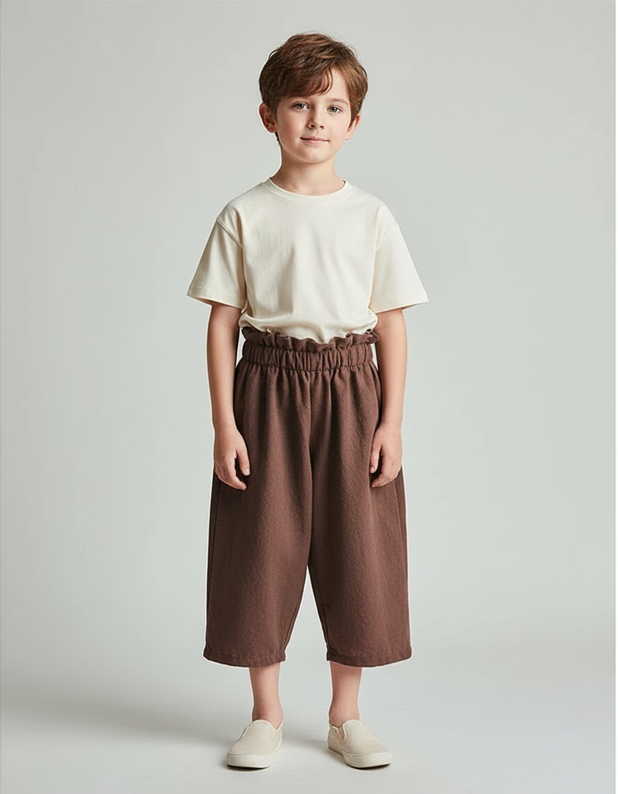 Pantalon Fluide Marron Coton Ample Décontracté Enfant