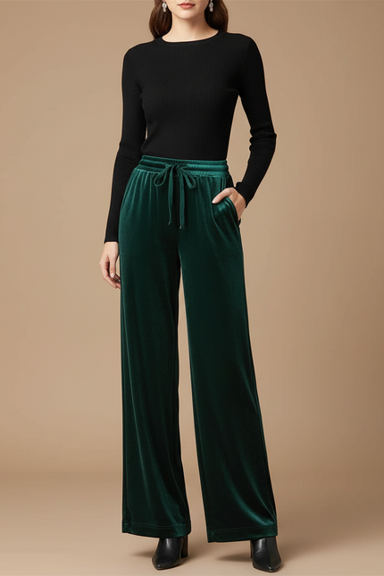 Pantalon Fluide Velours Vert Émeraude Ample Élégant