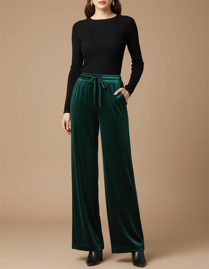 Pantalon Fluide Velours Vert Émeraude Ample Élégant
