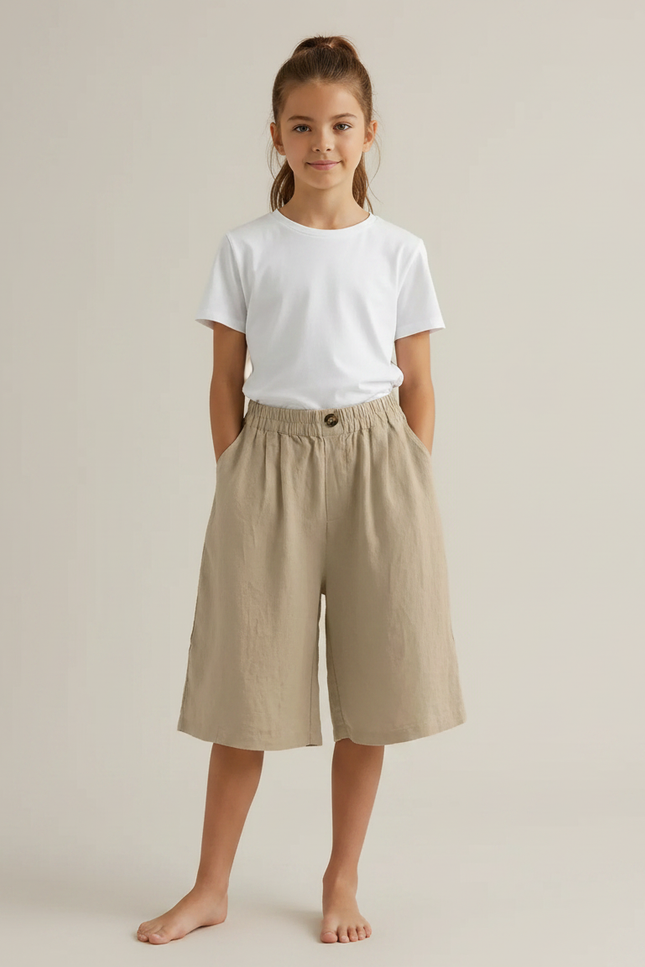 Pantalon Fluide Beige Coton Lin Ample Décontracté Enfant