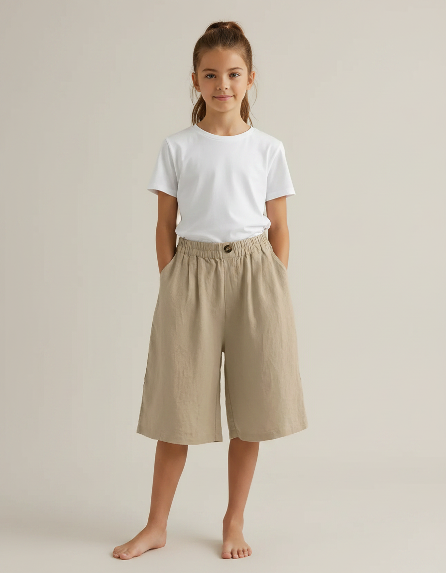 Pantalon Fluide Beige Coton Lin Ample Décontracté Enfant