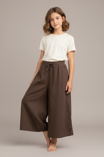 Pantalon Fluide Lin Marron Ample Décontracté Fille