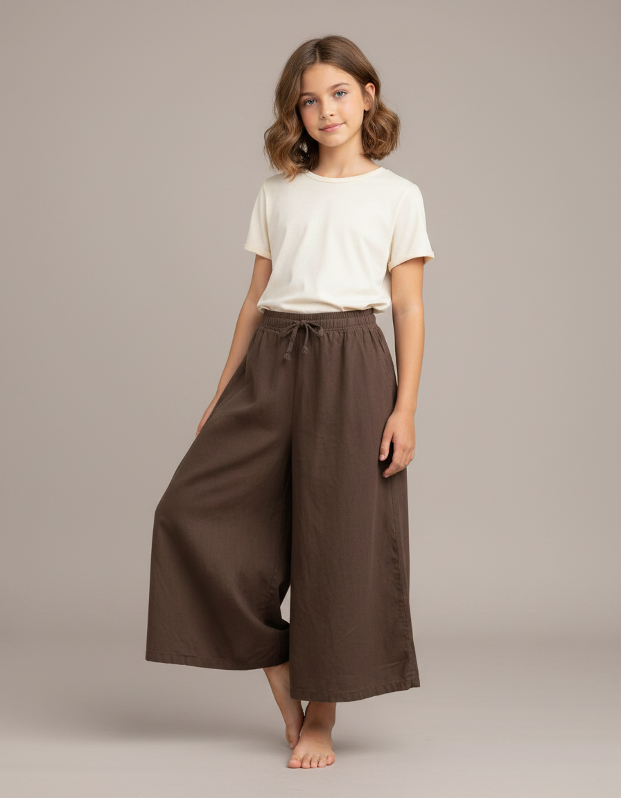Pantalon Fluide Lin Marron Ample Décontracté Fille