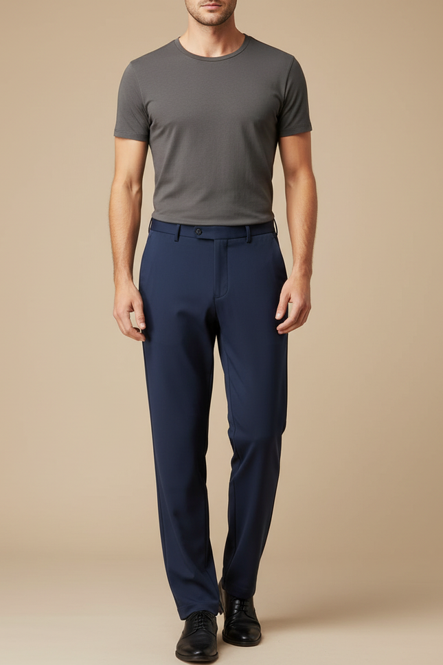 Pantalon Fluide Bleu Marine Droit Extensible Business Homme - Polyester
