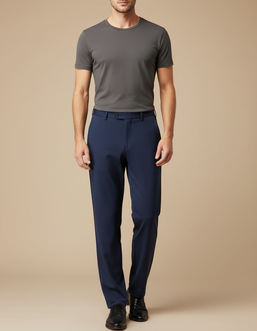 Pantalon Fluide Bleu Marine Droit Extensible Business Homme - Polyester