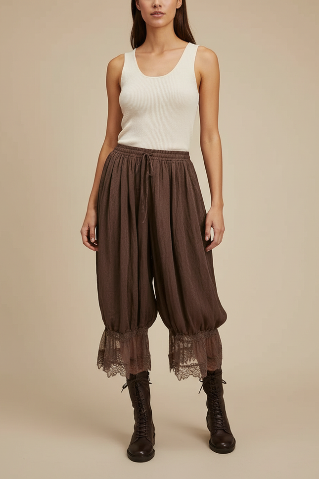 Pantalon Fluide Marron Ample Dentelle Coton Bohème - Lin