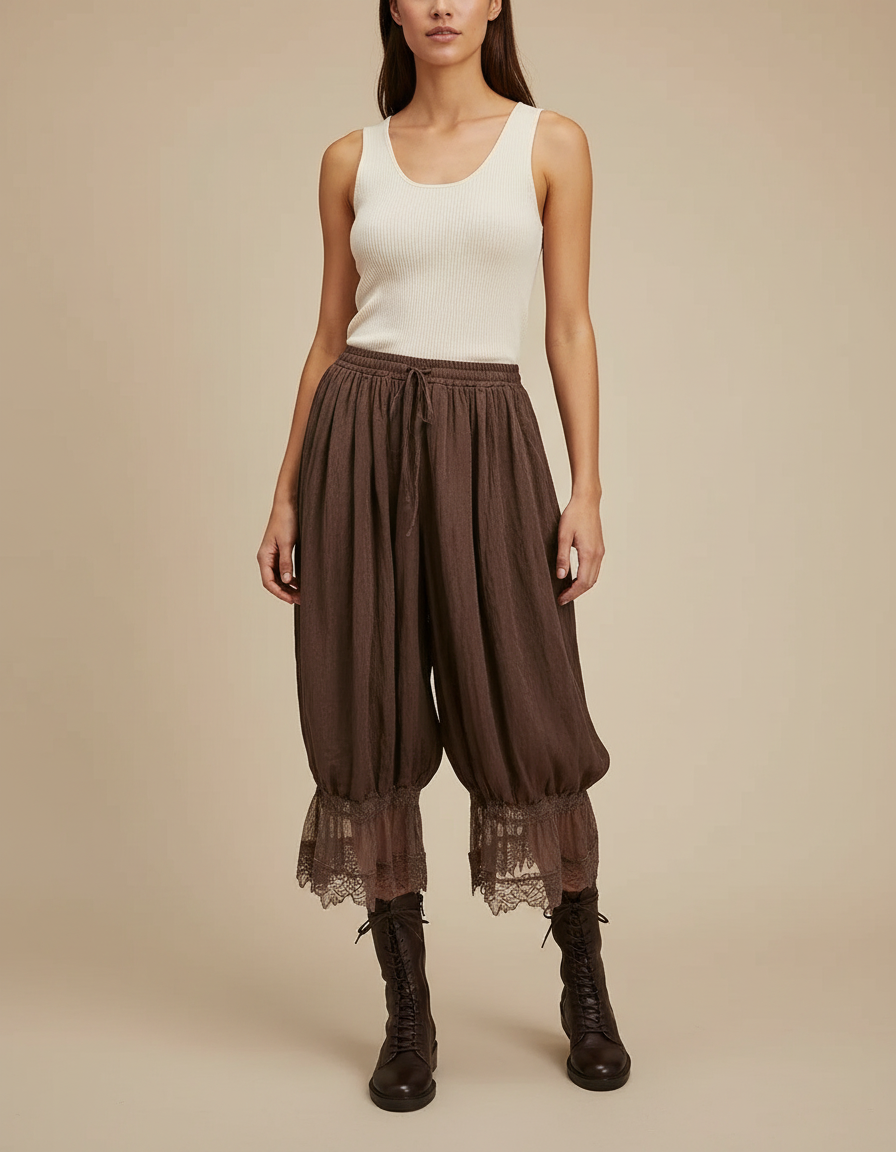 Pantalon Fluide Marron Ample Dentelle Coton Bohème - Lin