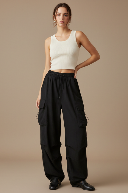 Pantalon Fluide Noir Ample Cargo Décontracté Streetwear - Polyester