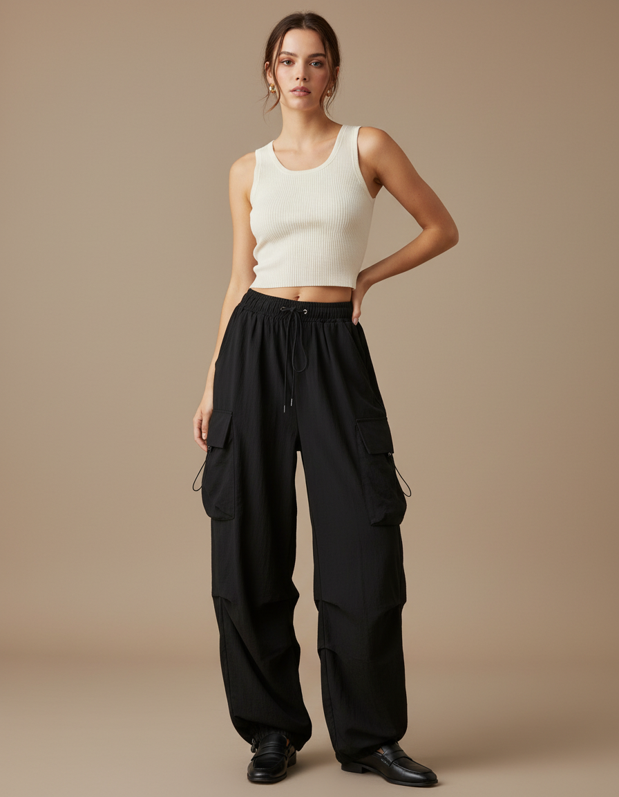 Pantalon Fluide Noir Ample Cargo Décontracté Streetwear - Polyester