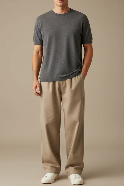 Pantalon Fluide Homme Ample Beige Coton Décontracté