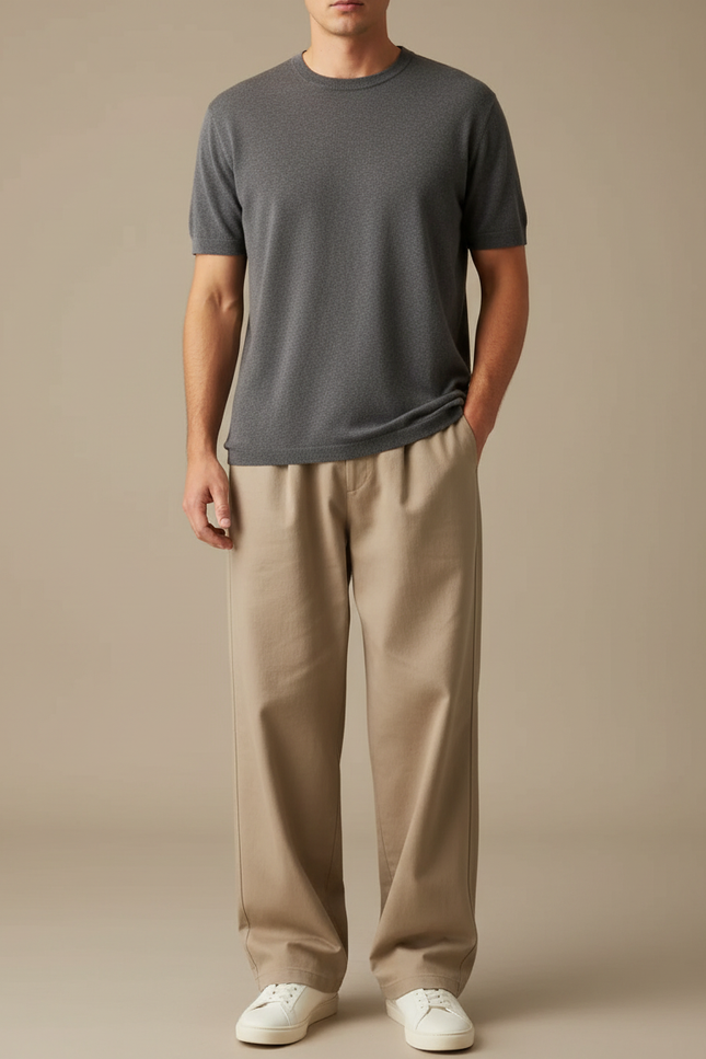Pantalon Fluide Homme Ample Beige Coton Décontracté