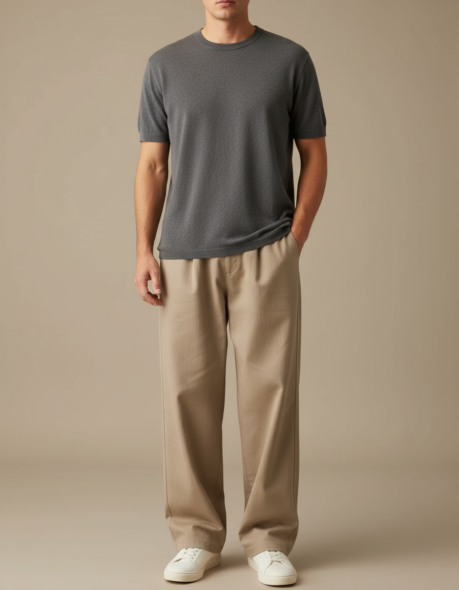 Pantalon Fluide Homme Ample Beige Coton Décontracté