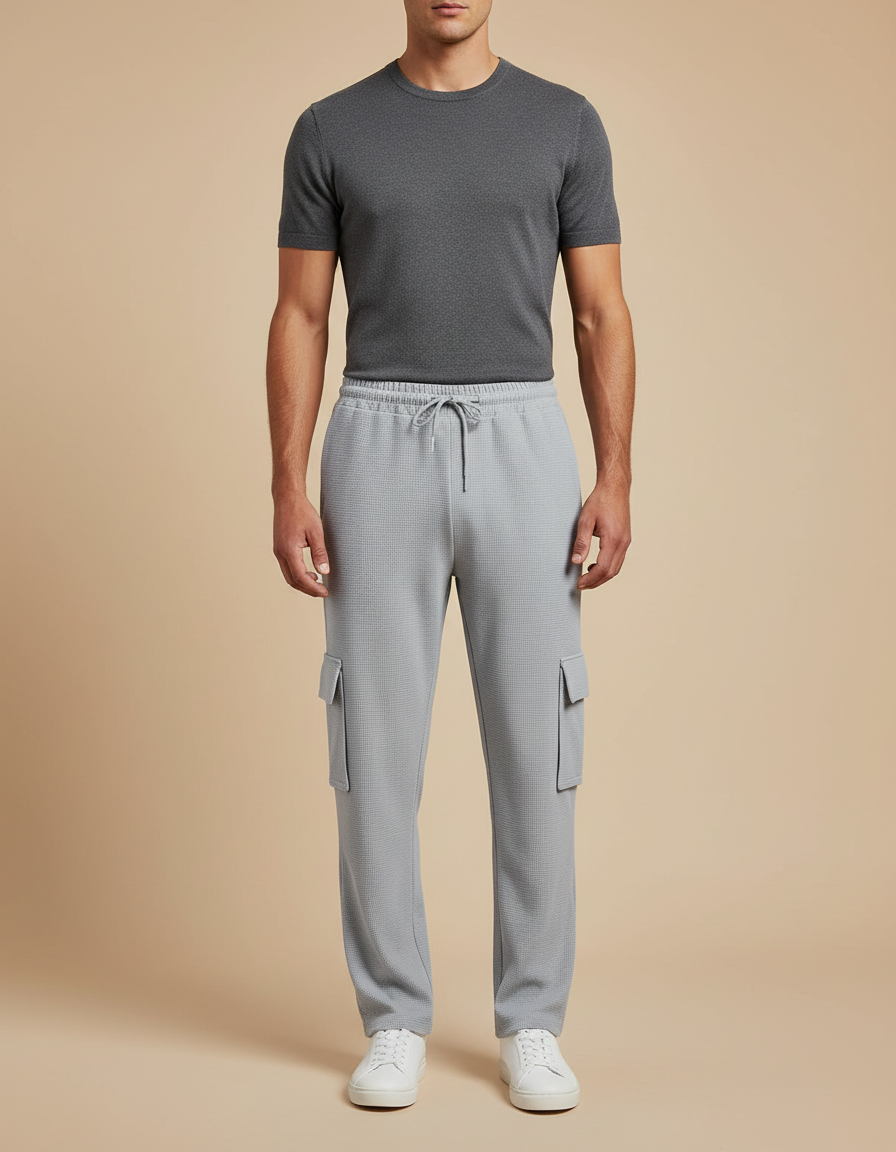 Pantalon Fluide Gris Clair Cargo Gaufre Décontracté Homme - Maille