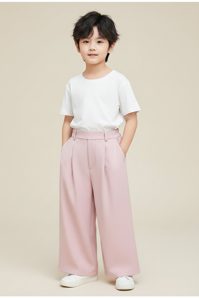 Pantalon Fluide Rose Ample Plissé Décontracté Enfant - Polyester