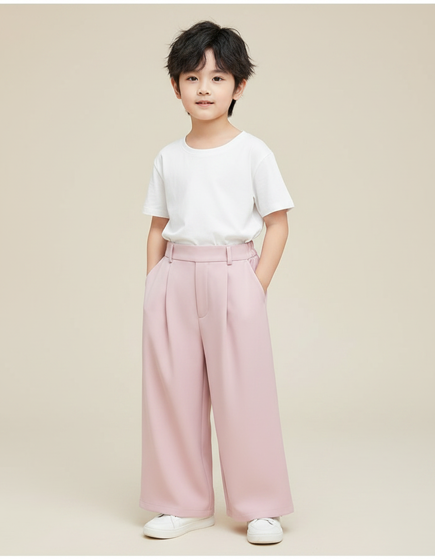 Pantalon Fluide Rose Ample Plissé Décontracté Enfant - Polyester
