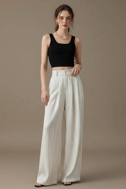 Pantalon Fluide Blanc Rayé Ample Taille Haute Élégant - Lin