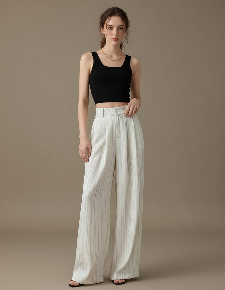 Pantalon Fluide Blanc Rayé Ample Taille Haute Élégant - Lin
