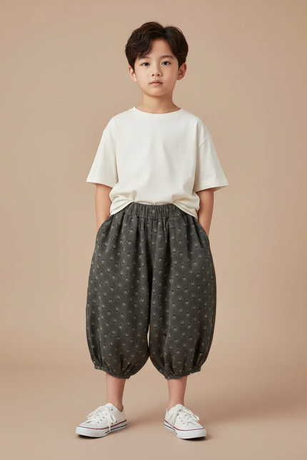 Pantalon Fluide Gris Coton Imprimé Floral Bouffant