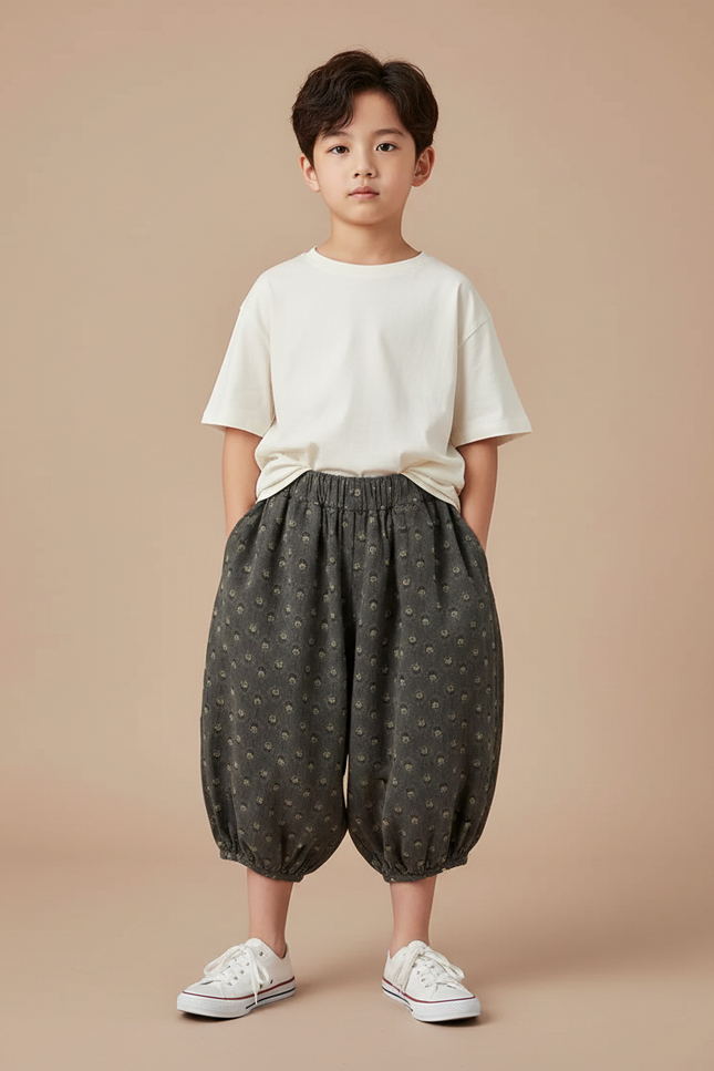 Pantalon Fluide Gris Coton Imprimé Floral Bouffant
