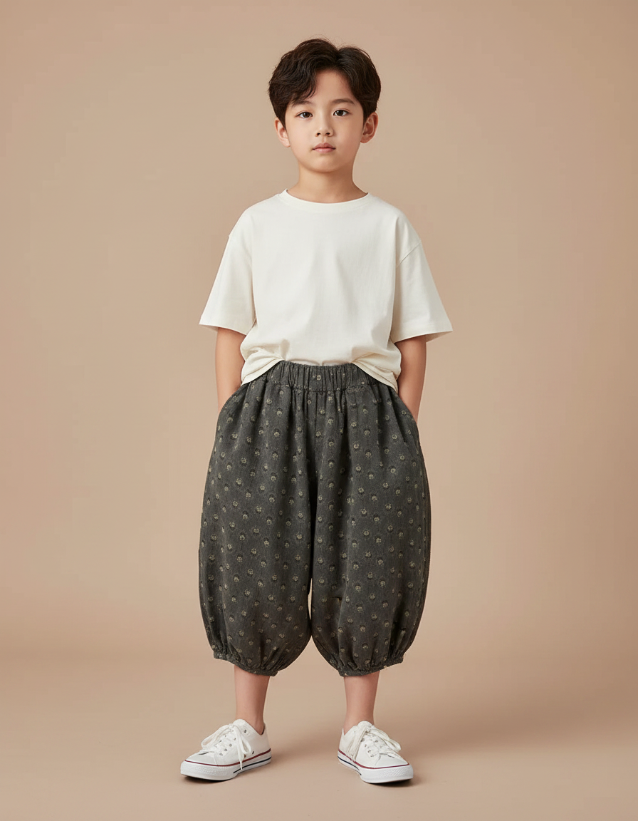 Pantalon Fluide Gris Coton Imprimé Floral Bouffant
