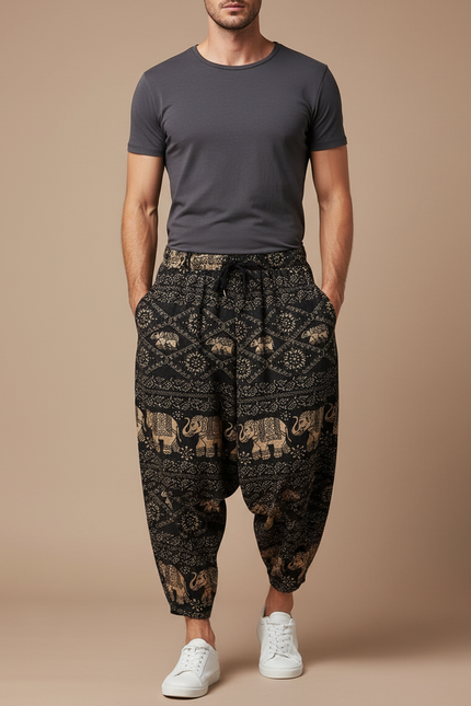 Pantalon Fluide Noir Ample Imprimé Éléphants Harem Coton