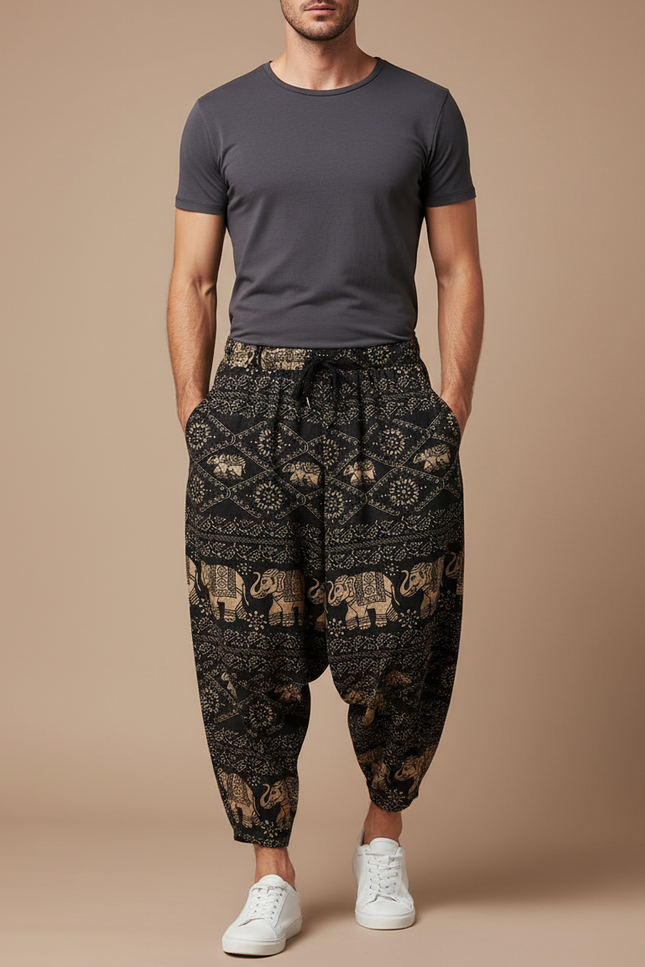 Pantalon Fluide Noir Ample Imprimé Éléphants Harem Coton