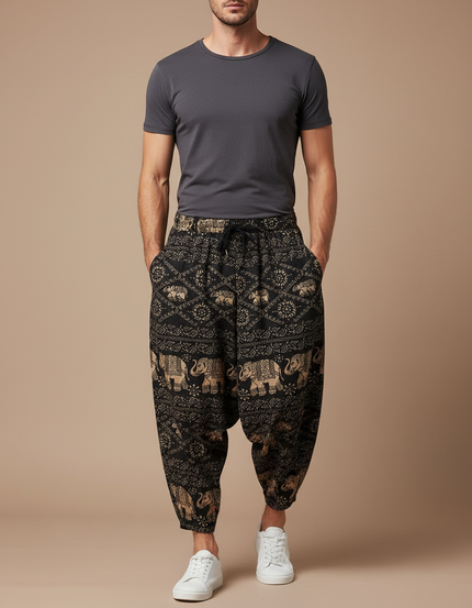 Pantalon Fluide Noir Ample Imprimé Éléphants Harem Coton