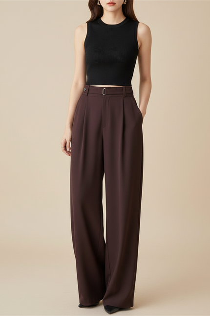 Pantalon Fluide Marron Plissé Ample Taille Haute Élégant - Viscose