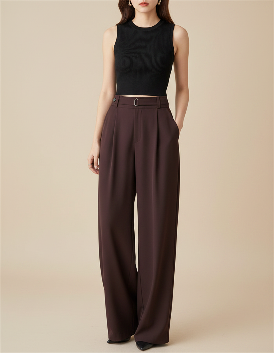 Pantalon Fluide Marron Plissé Ample Taille Haute Élégant - Viscose