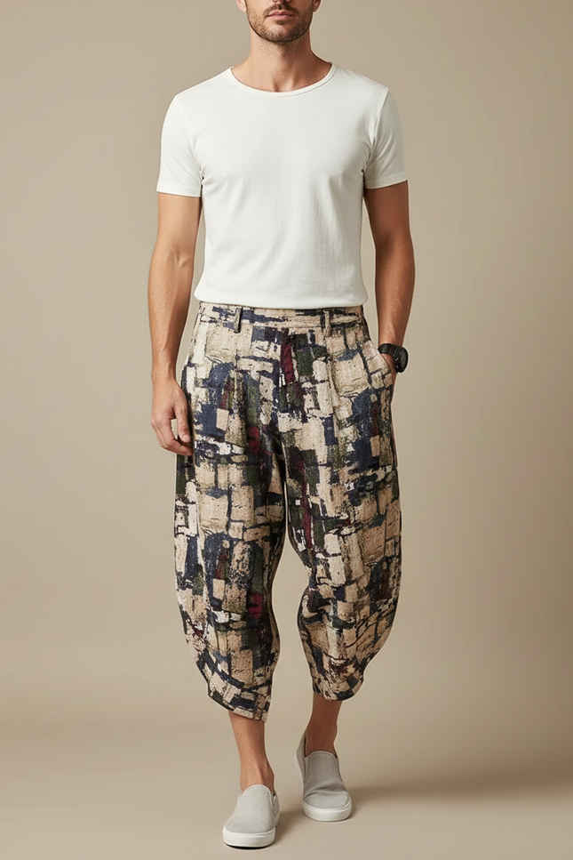 Pantalon Fluide Imprimé Géométrique Ample Coton Lin Harem