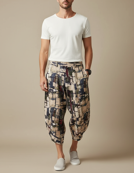 Pantalon Fluide Imprimé Géométrique Ample Coton Lin Harem
