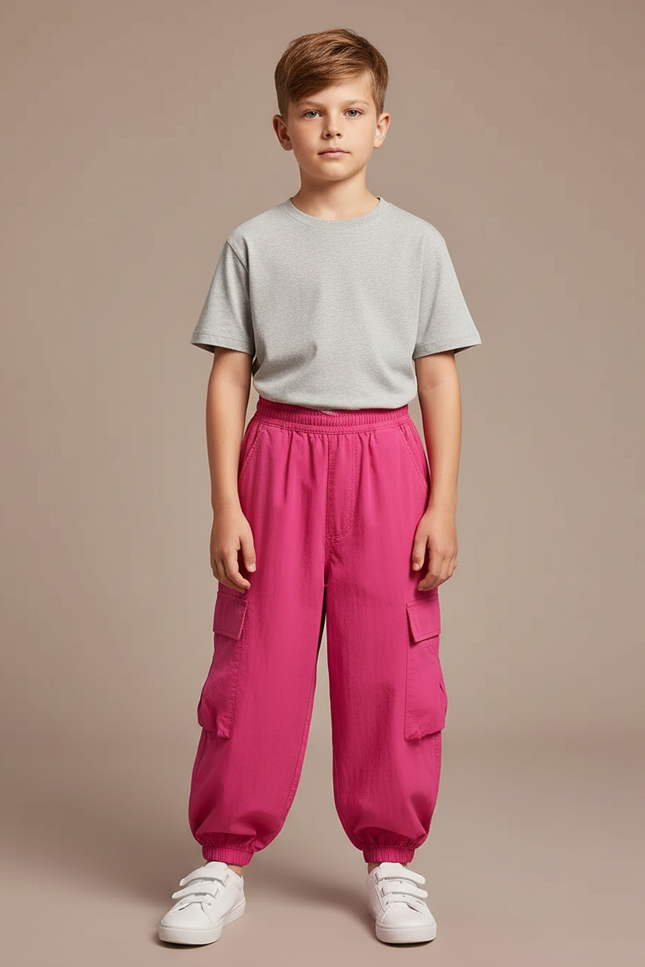 Pantalon Fluide Cargo Fushia Ample Enfant Streetwear - Rose Polyester