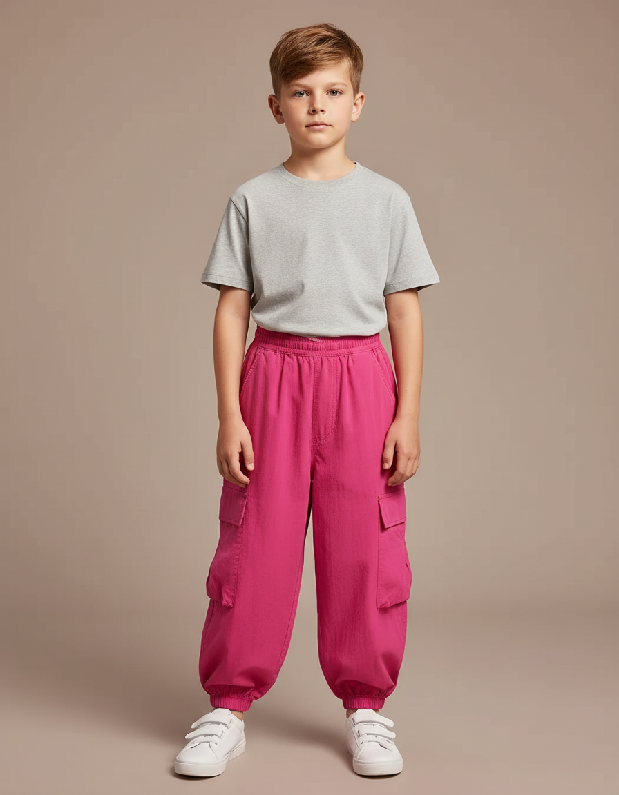 Pantalon Fluide Cargo Fushia Ample Enfant Streetwear - Rose Polyester