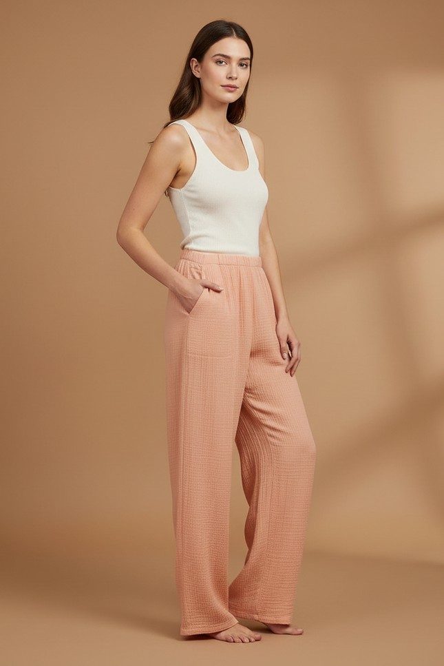 Pantalon Fluide Pêche Gaufré Ample Décontracté Coton - Orange