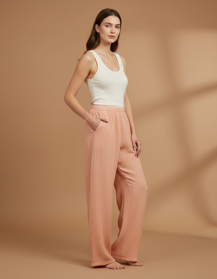 Pantalon Fluide Pêche Gaufré Ample Décontracté Coton - Orange