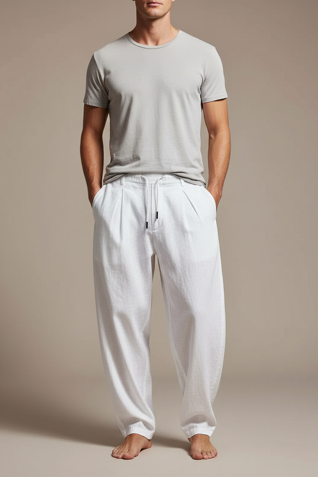 Pantalon Fluide Blanc Ample Cordon Plissé Décontracté - Lin