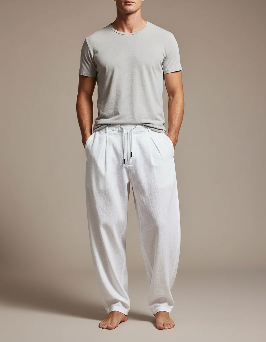Pantalon Fluide Blanc Ample Cordon Plissé Décontracté - Lin