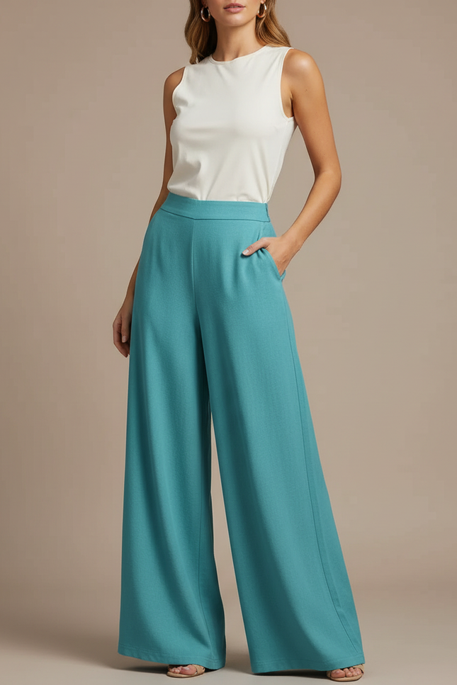 Pantalon Fluide Ample Vert Canard Élégant Chic Femme - Viscose