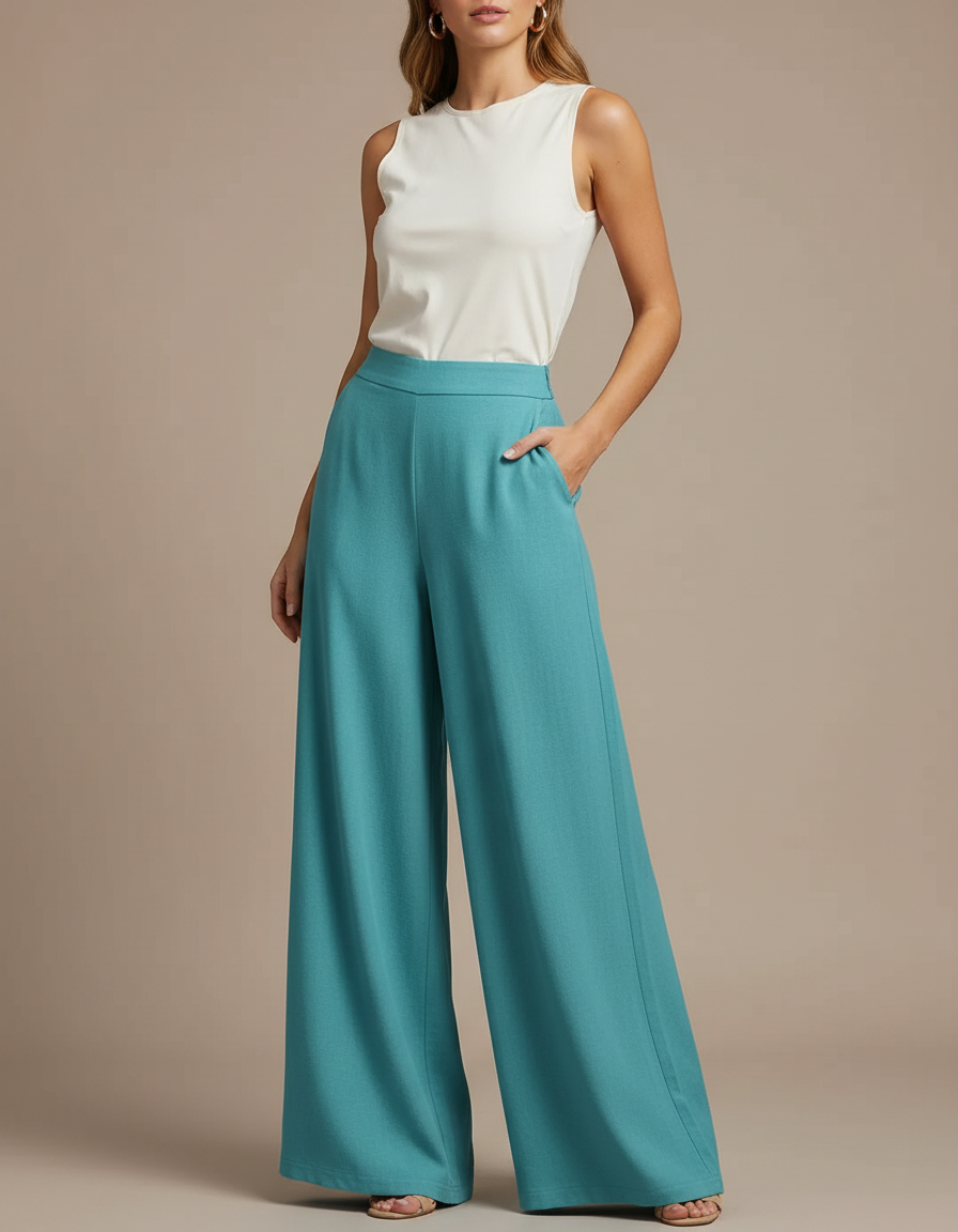 Pantalon Fluide Ample Vert Canard Élégant Chic Femme - Viscose
